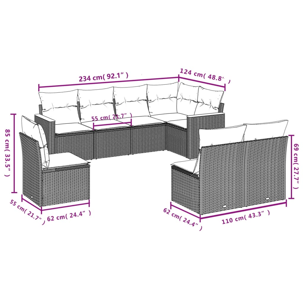vidaXL Canapé d'angle de jardin 8 pcs avec coussins Résine tressée Beige