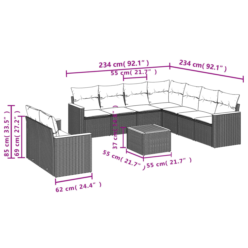 vidaXL Salon de jardin 10 pcs avec coussins beige résine tressée