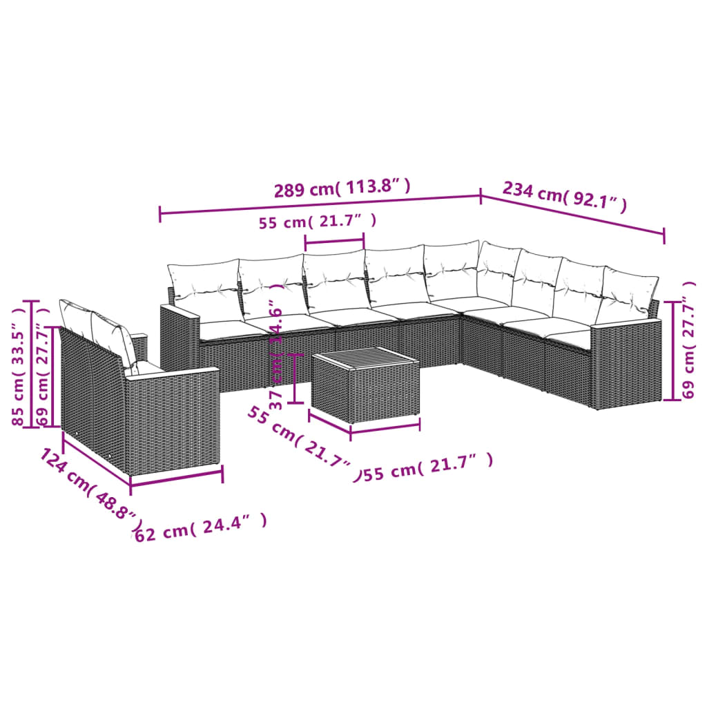 vidaXL 11-tlg. Garten-Sofagarnitur mit Kissen Beige Poly Rattan