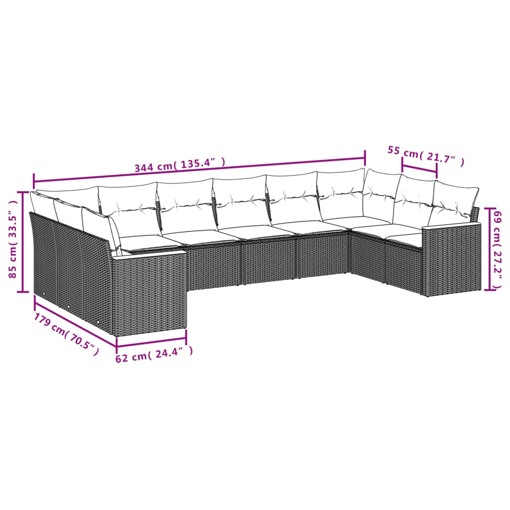 vidaXL 10-tlg. Garten-Sofagarnitur mit Kissen Schwarz Poly Rattan