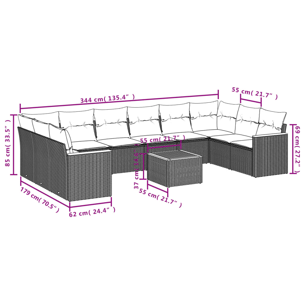 vidaXL Ensemble de canapés de jardin 11 pcs avec coussins en rotin synthétique beige