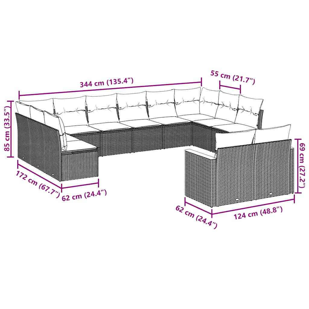 vidaXL 12-tlg. Garten-Sofagarnitur mit Kissen Schwarz Poly Rattan