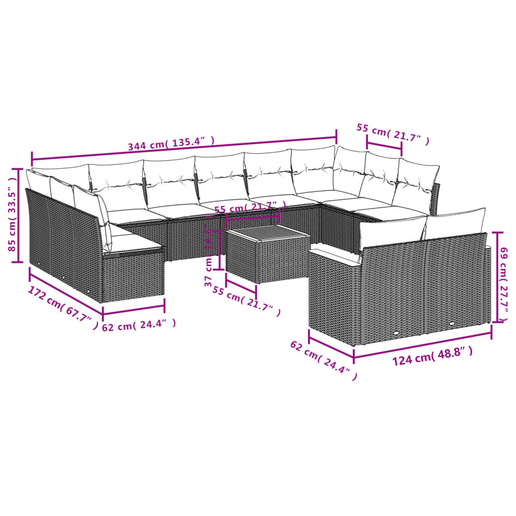 vidaXL 13-tlg. Garten-Sofagarnitur mit Kissen Beige Poly Rattan