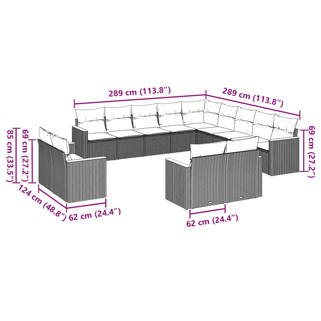 vidaXL 13-tlg. Garten-Sofagarnitur mit Kissen Schwarz Poly Rattan