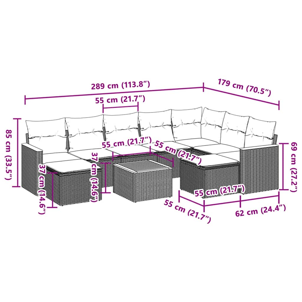 vidaXL 10-tlg. Garten-Sofagarnitur mit Kissen Grau Poly Rattan