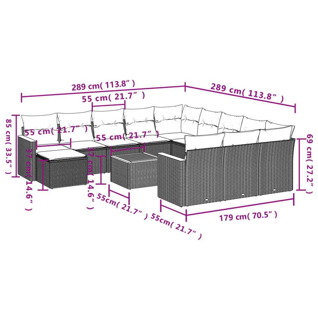 vidaXL Ensemble de canapés de jardin 13 pièces avec coussins résine tressée noire