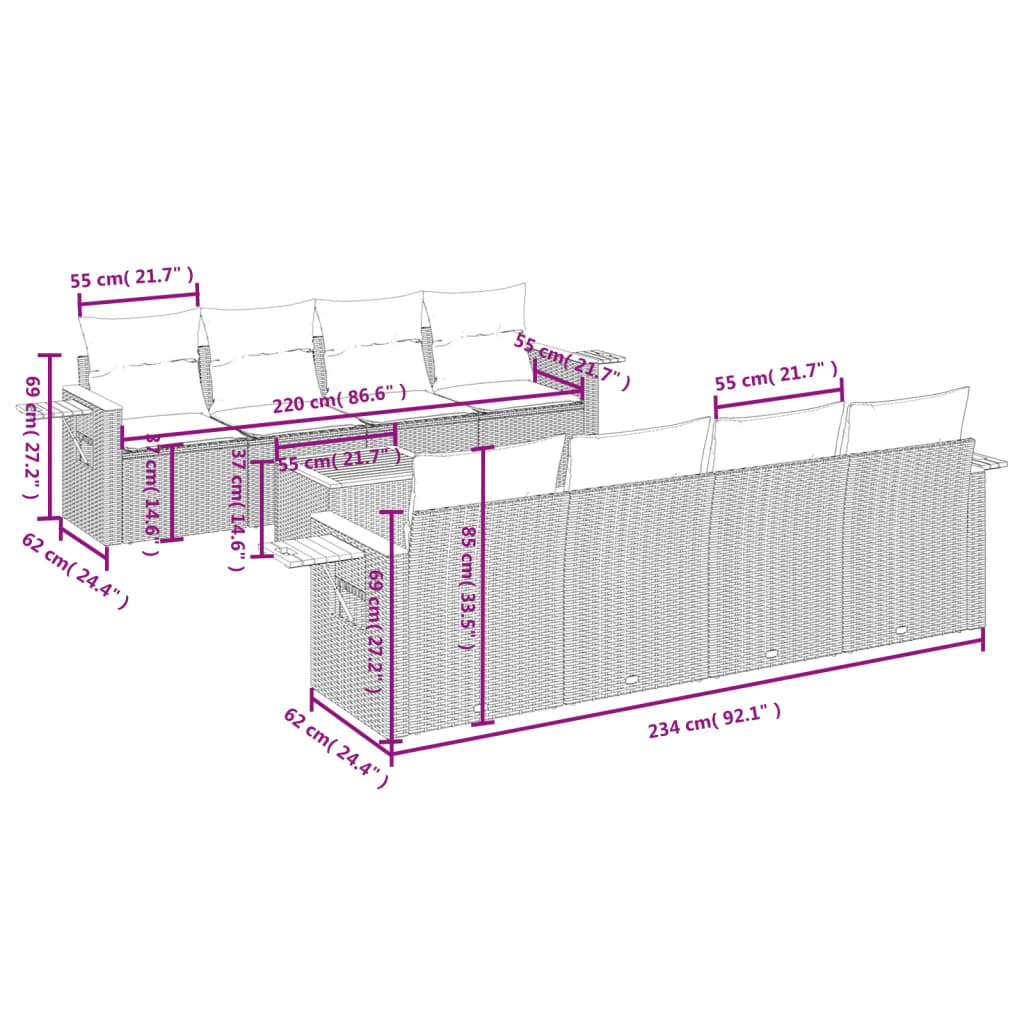 vidaXL 9-tlg. Garten-Sofagarnitur mit Kissen Grau Poly Rattan