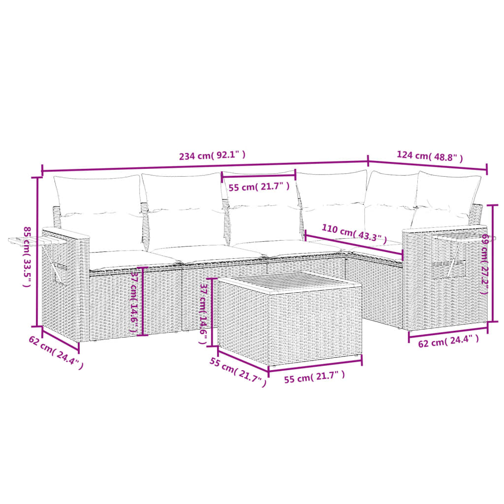 vidaXL 6-tlg. Garten-Sofagarnitur mit Kissen Schwarz Poly Rattan