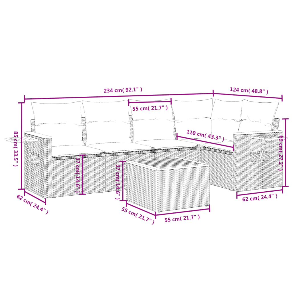vidaXL 6-tlg. Garten-Sofagarnitur mit Kissen Beige Poly Rattan