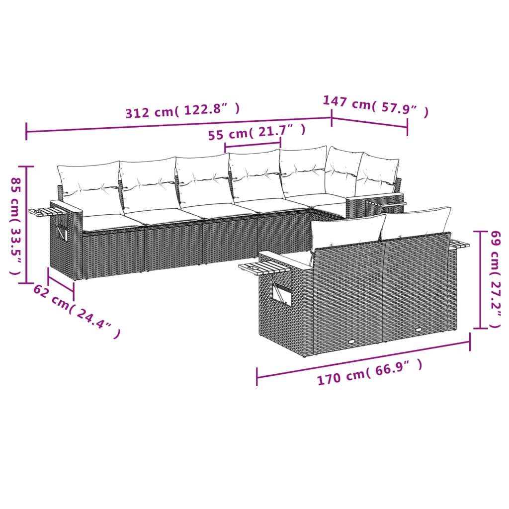 vidaXL 8-tlg. Garten-Sofagarnitur mit Kissen Beige Poly Rattan