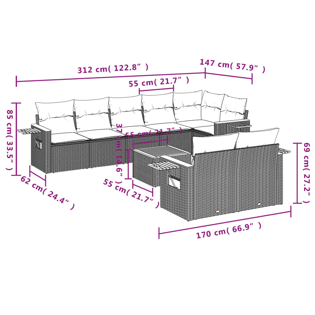 vidaXL Salon de jardin 9 pcs avec coussins Noir Résine tressée