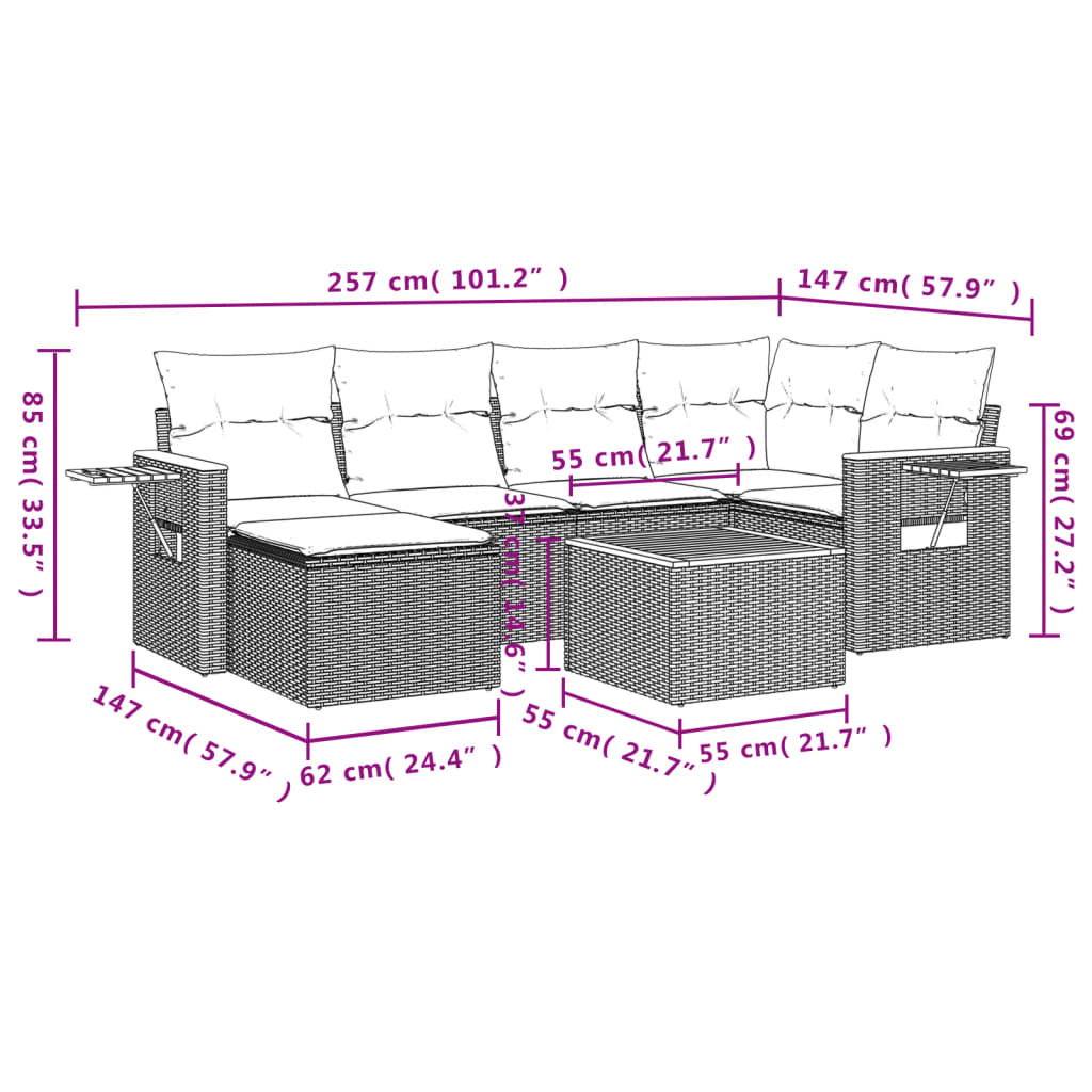 vidaXL 7-tlg. Garten-Sofagarnitur mit Kissen Beige Poly Rattan