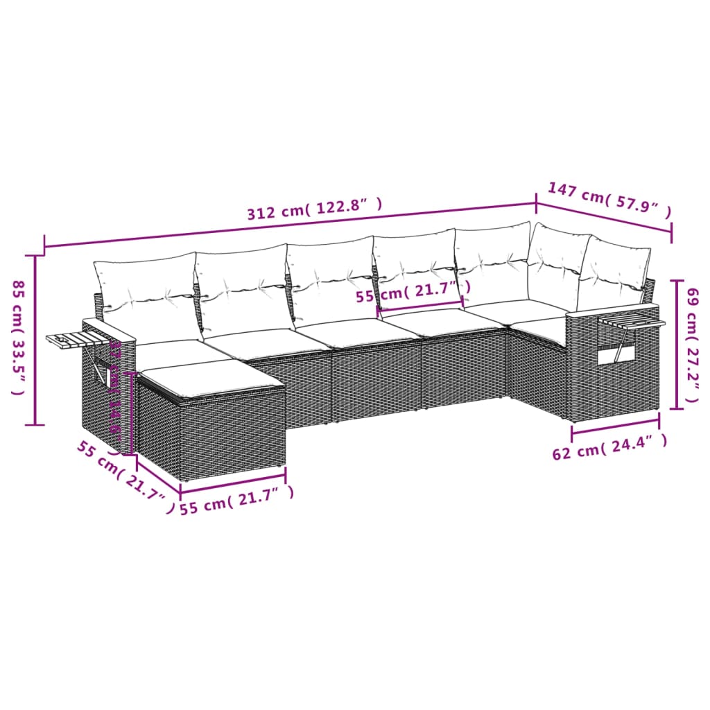 vidaXL Salon de jardin 7 pcs avec coussins Noir Résine tressée