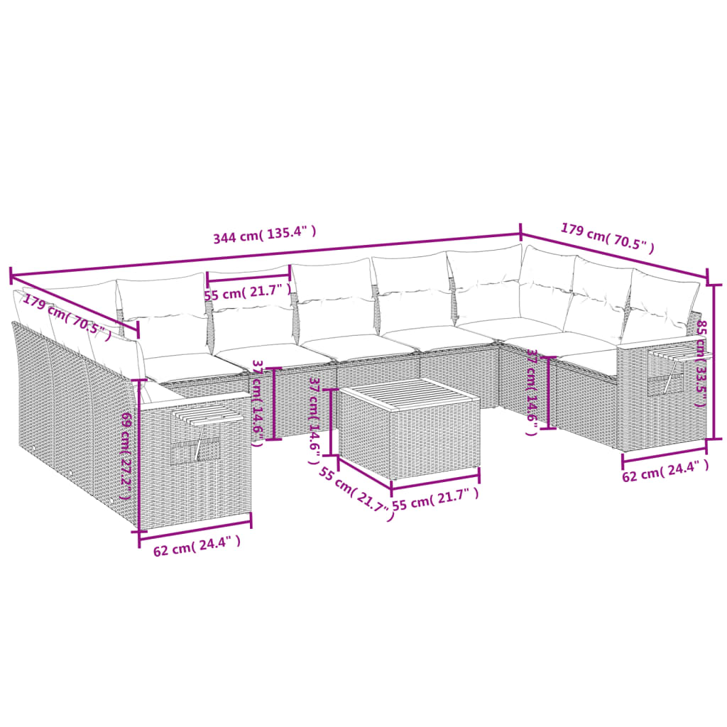 vidaXL Ensemble de canapés de jardin 11 pcs avec coussins en rotin synthétique beige