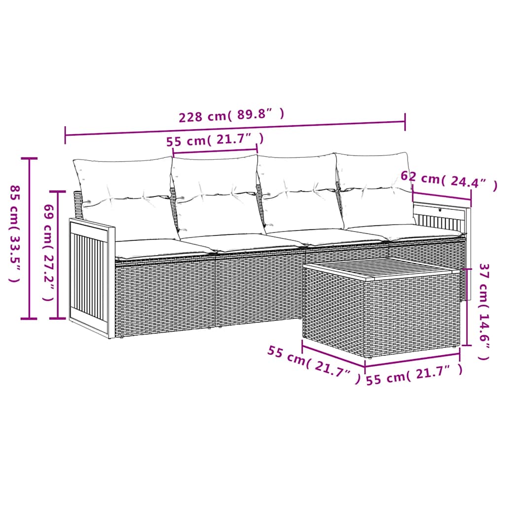 vidaXL 5-tlg. Garten-Sofagarnitur mit Kissen Schwarz Poly Rattan