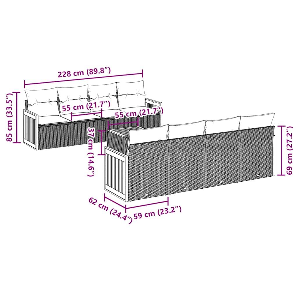 vidaXL 9-tlg. Garten-Sofagarnitur mit Kissen Schwarz Poly Rattan