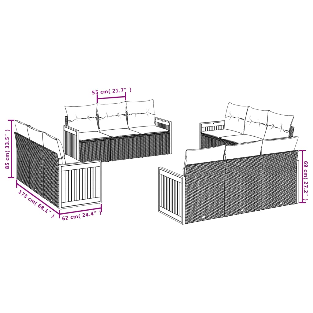 vidaXL Ensemble de canapés de jardin 12 pcs avec coussins Noir Résine tressée