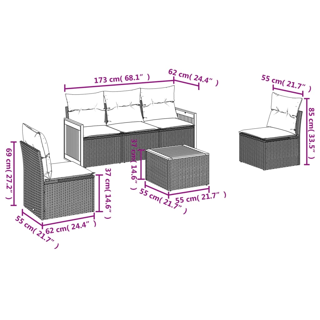 vidaXL 6-tlg. Garten-Sofagarnitur mit Kissen Beige Poly Rattan