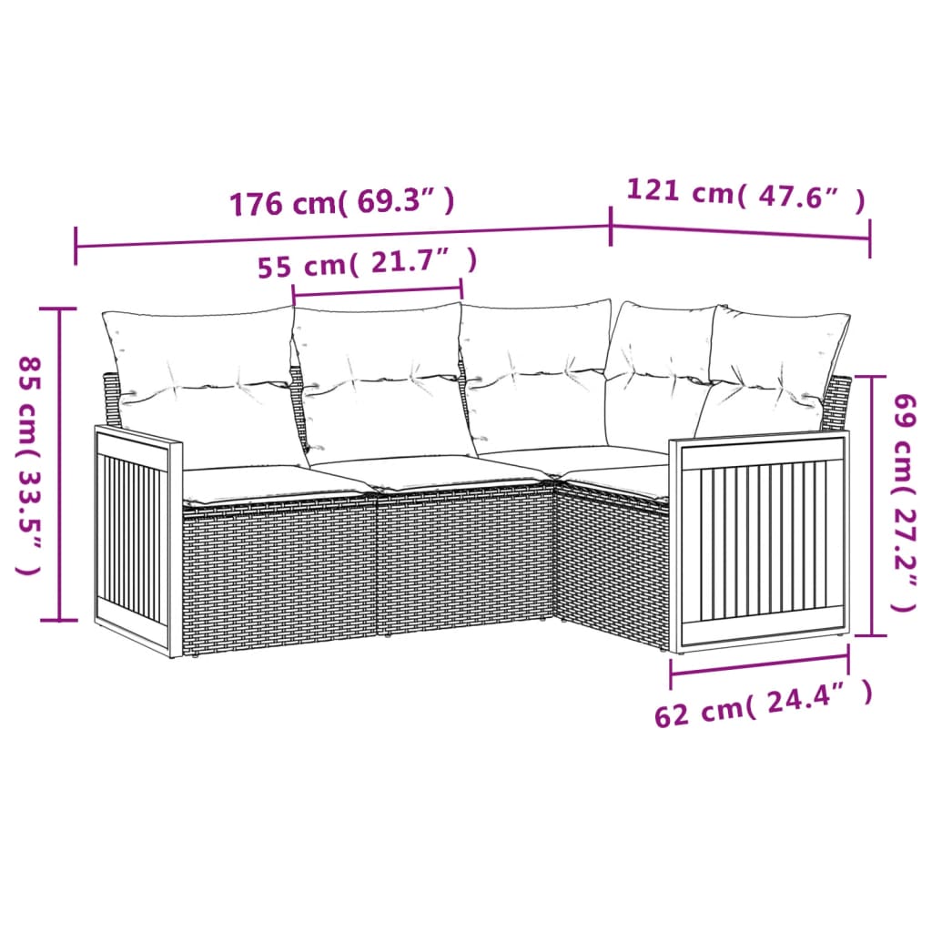 vidaXL 4-tlg. Garten-Sofagarnitur mit Kissen Schwarz Poly Rattan