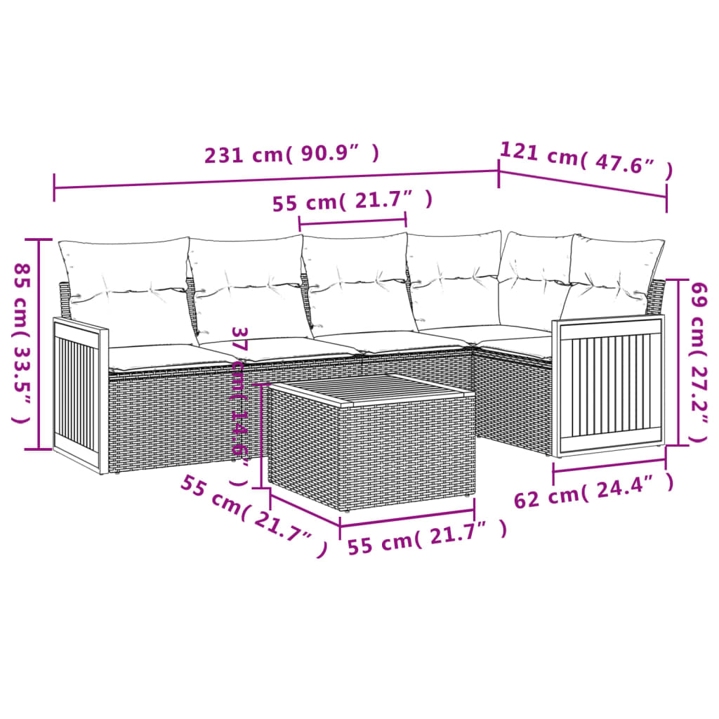 vidaXL Salon de jardin 6 pcs avec coussins Noir Résine tressée