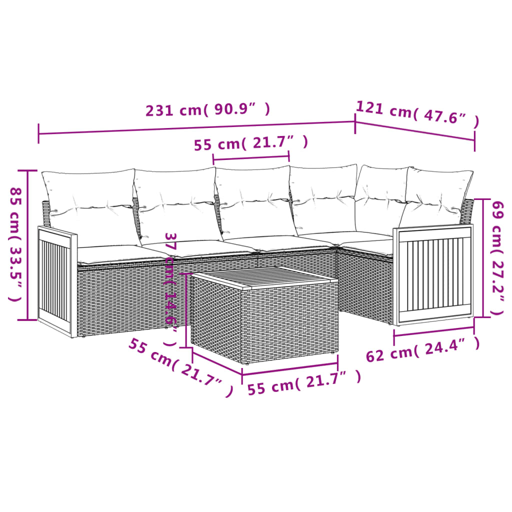 vidaXL 6-tlg. Garten-Sofagarnitur mit Kissen Beige Poly Rattan
