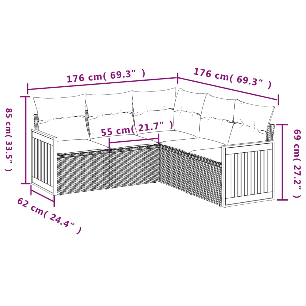 vidaXL 5-tlg. Garten-Sofagarnitur mit Kissen Grau Poly Rattan
