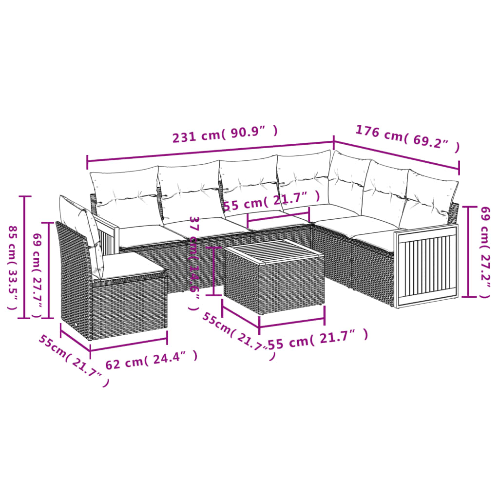 vidaXL 7-tlg. Garten-Sofagarnitur mit Kissen Beige Poly Rattan