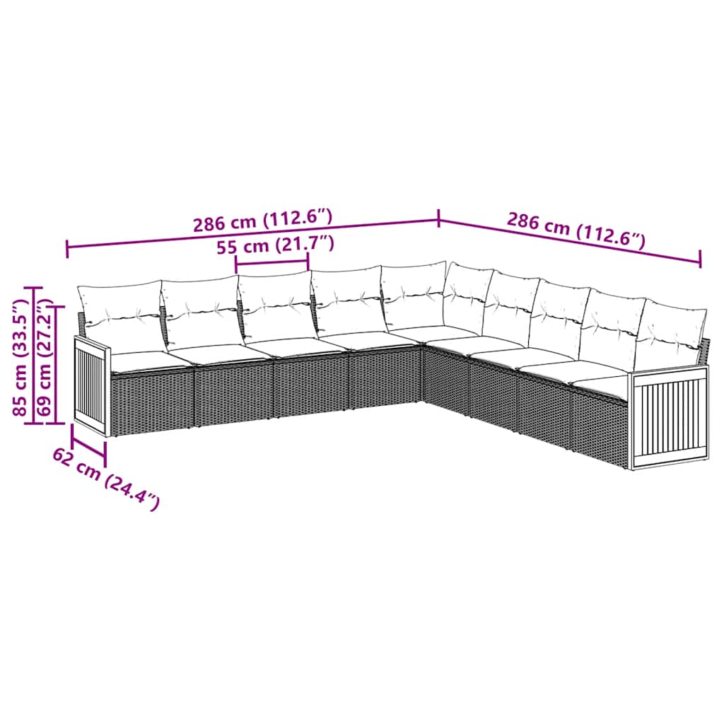 9-tlg. Garten-Sofagarnitur mit Kissen Schwarz Poly Rattan