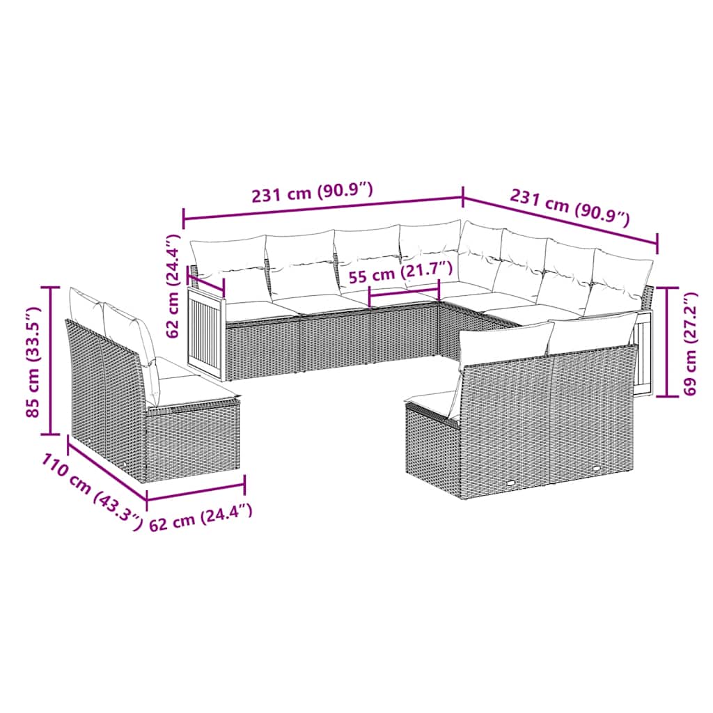 11-tlg. Garten-Sofagarnitur mit Kissen Schwarz Poly Rattan