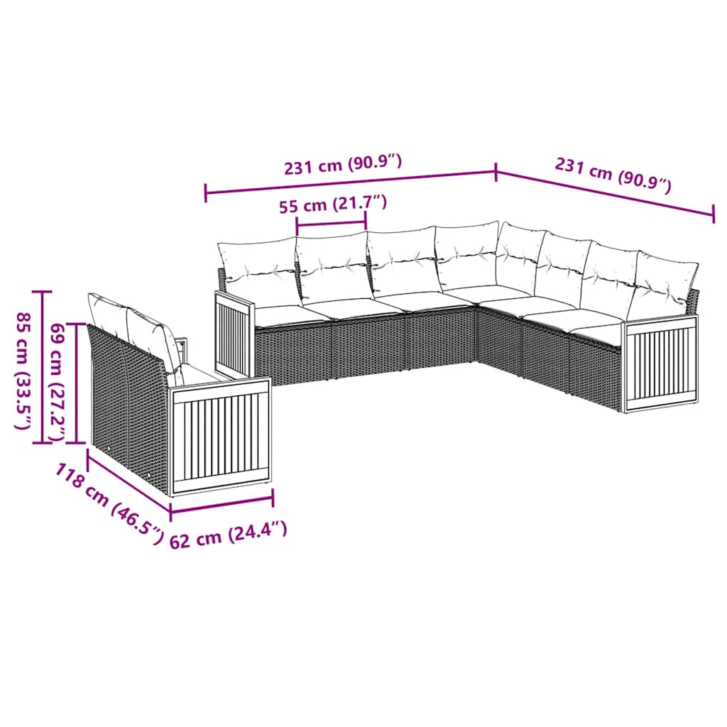 9-tlg. Garten-Sofagarnitur mit Kissen Schwarz Poly Rattan