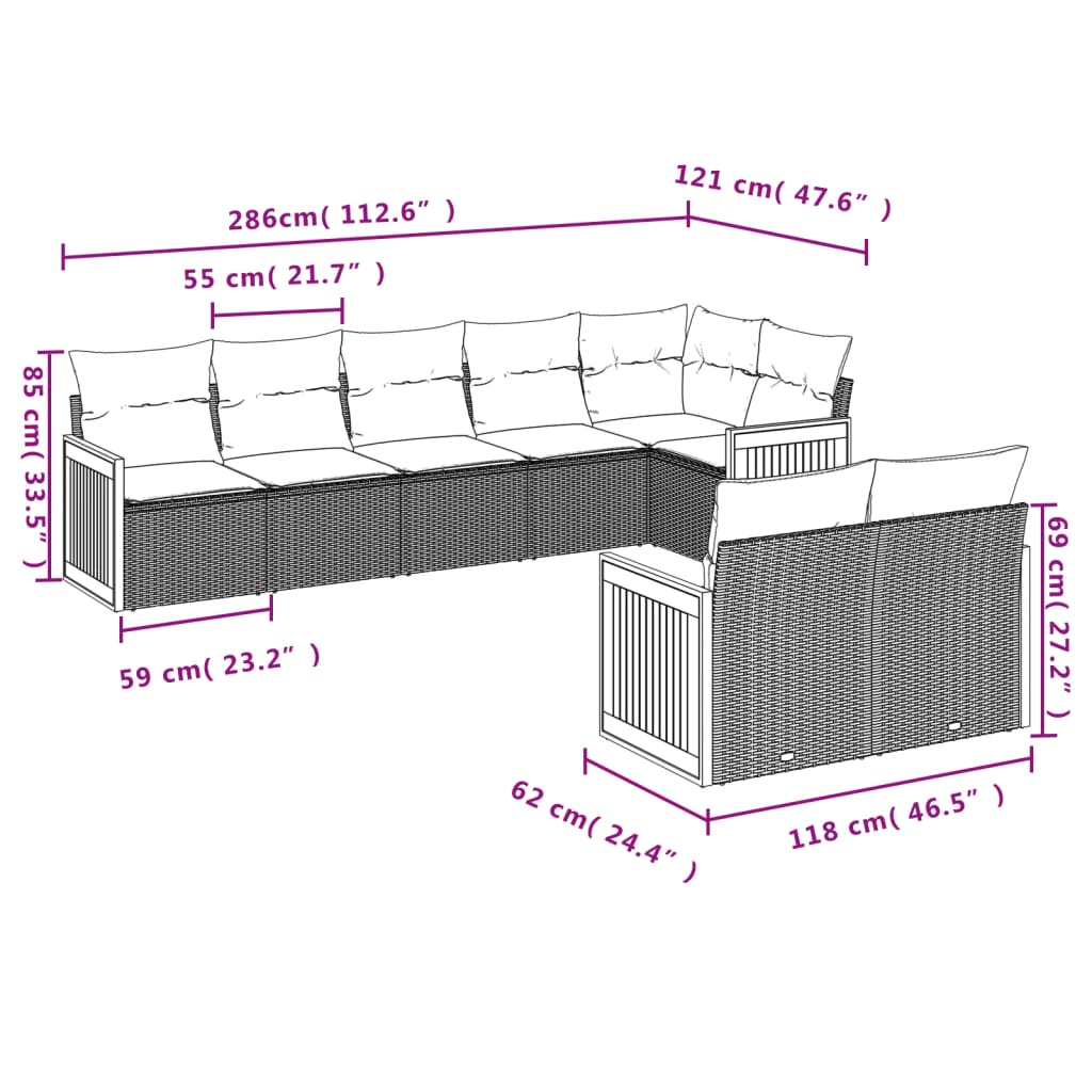 vidaXL Canapé d'angle de jardin 8 pcs avec coussins Résine tressée Beige