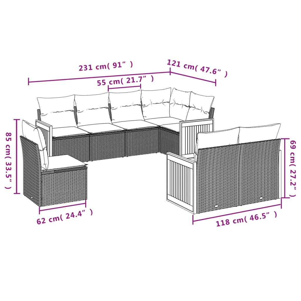 vidaXL Canapé d'angle de jardin 8 pcs avec coussins Résine tressée Beige