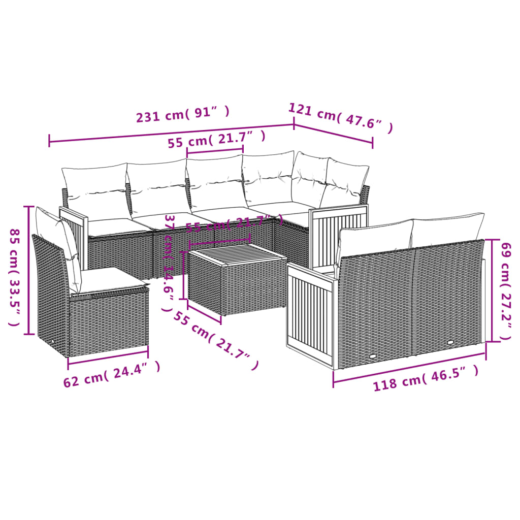 vidaXL Salon de jardin 9 pcs avec coussins Résine tressée Gris