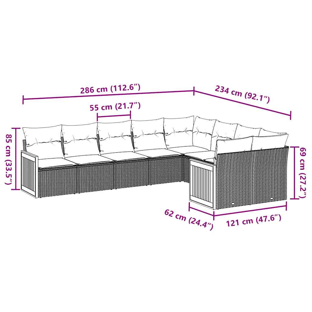 vidaXL 9-tlg. Garten-Sofagarnitur mit Kissen Schwarz Poly Rattan
