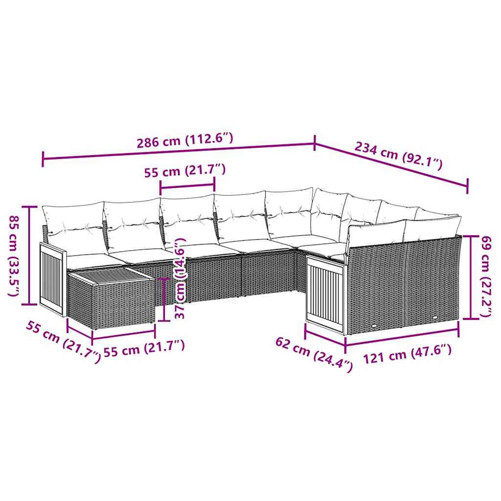 vidaXL 10-tlg. Garten-Sofagarnitur mit Kissen Schwarz Poly Rattan