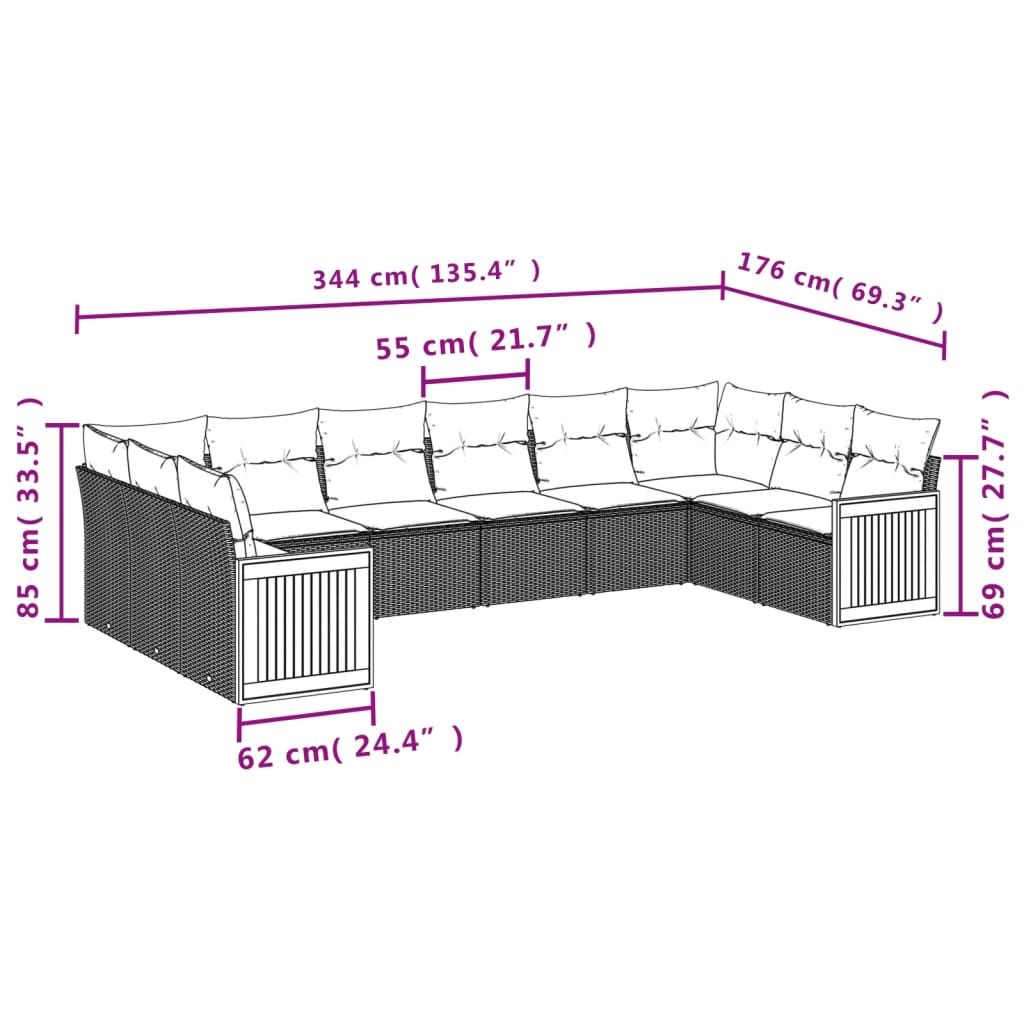 vidaXL Salon de jardin 10 pcs avec coussins résine tressée gris