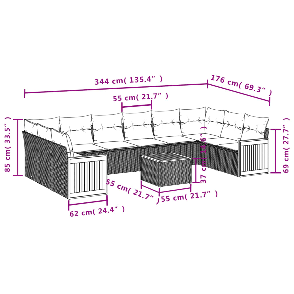 vidaXL Salon de jardin 11 pcs avec coussins Noir Résine tressée