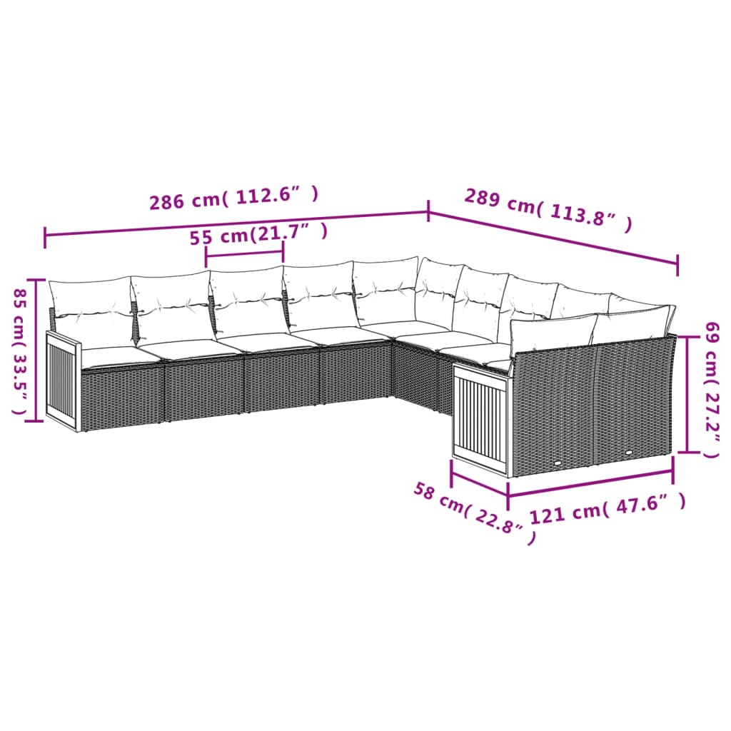 vidaXL Salon de jardin 10 pcs avec coussins résine tressée gris