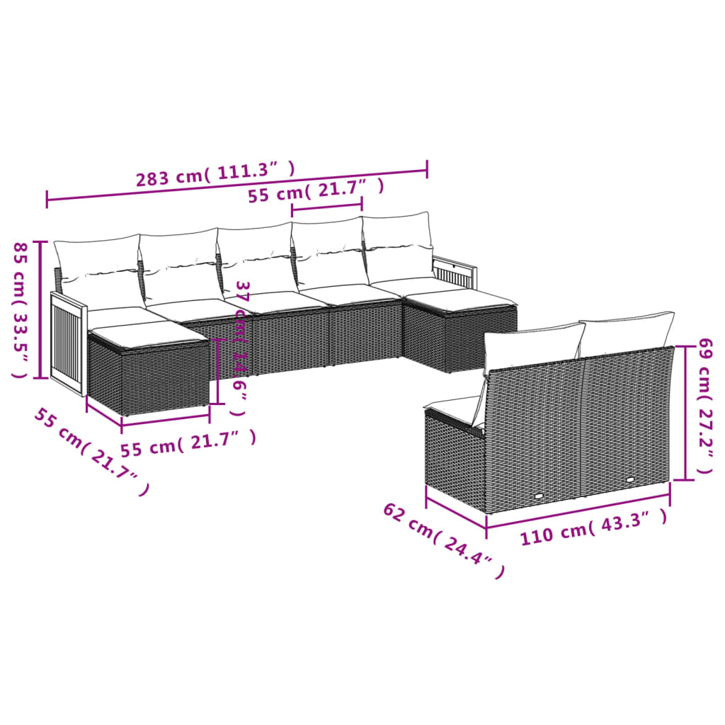 vidaXL Salon de jardin 9 pcs avec coussins Résine tressée Beige