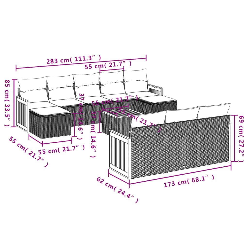 vidaXL Ensemble de canapés de jardin 11 pcs avec coussins en rotin synthétique beige