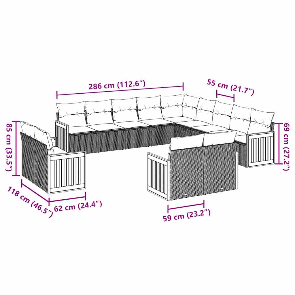 vidaXL 13-tlg. Garten-Sofagarnitur mit Kissen Schwarz Poly Rattan