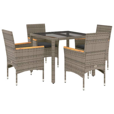 vidaXL 5-tlg. Garten-Essgruppe mit Kissen Grau Poly Rattan und Glas