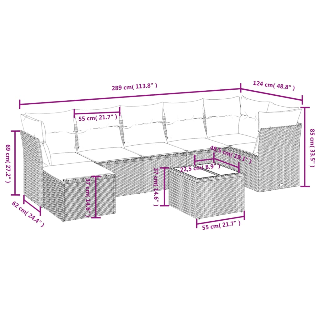 vidaXL 8-tlg. Garten-Sofagarnitur mit Kissen Grau Poly Rattan