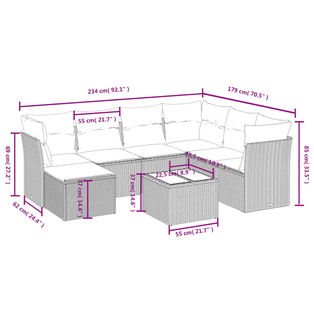 vidaXL 8-tlg. Garten-Sofagarnitur mit Kissen Beige Poly Rattan