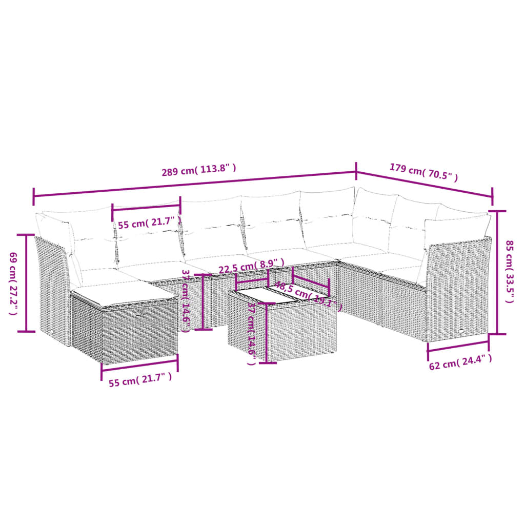 vidaXL 9-tlg. Garten-Sofagarnitur mit Kissen Grau Poly Rattan