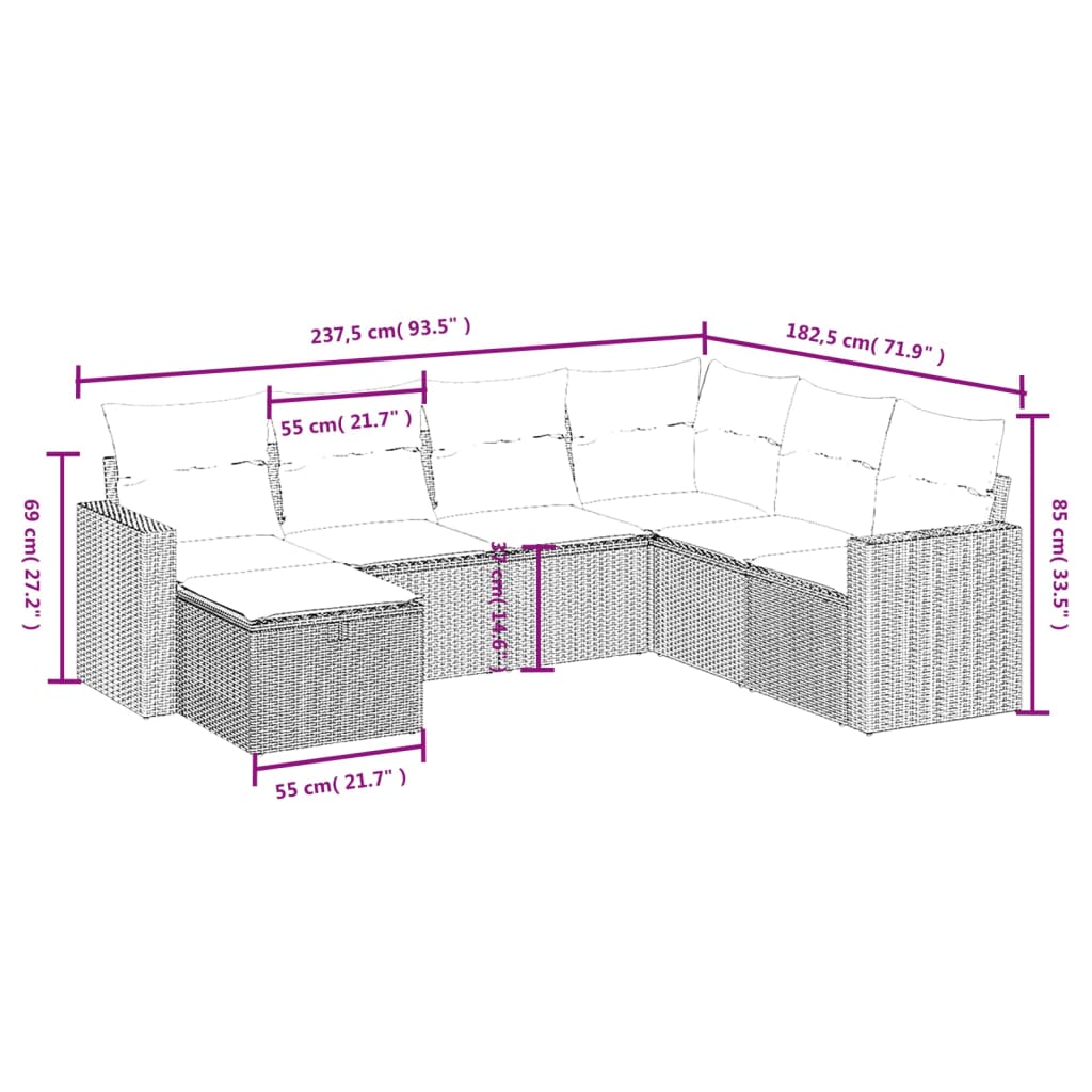 vidaXL 7-tlg. Garten-Sofagarnitur mit Kissen Schwarz Poly Rattan