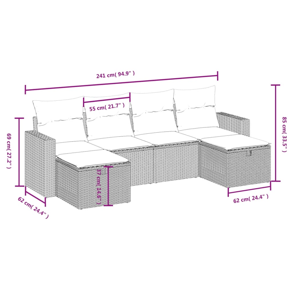 vidaXL 6-tlg. Garten-Sofagarnitur mit Kissen Schwarz Poly Rattan