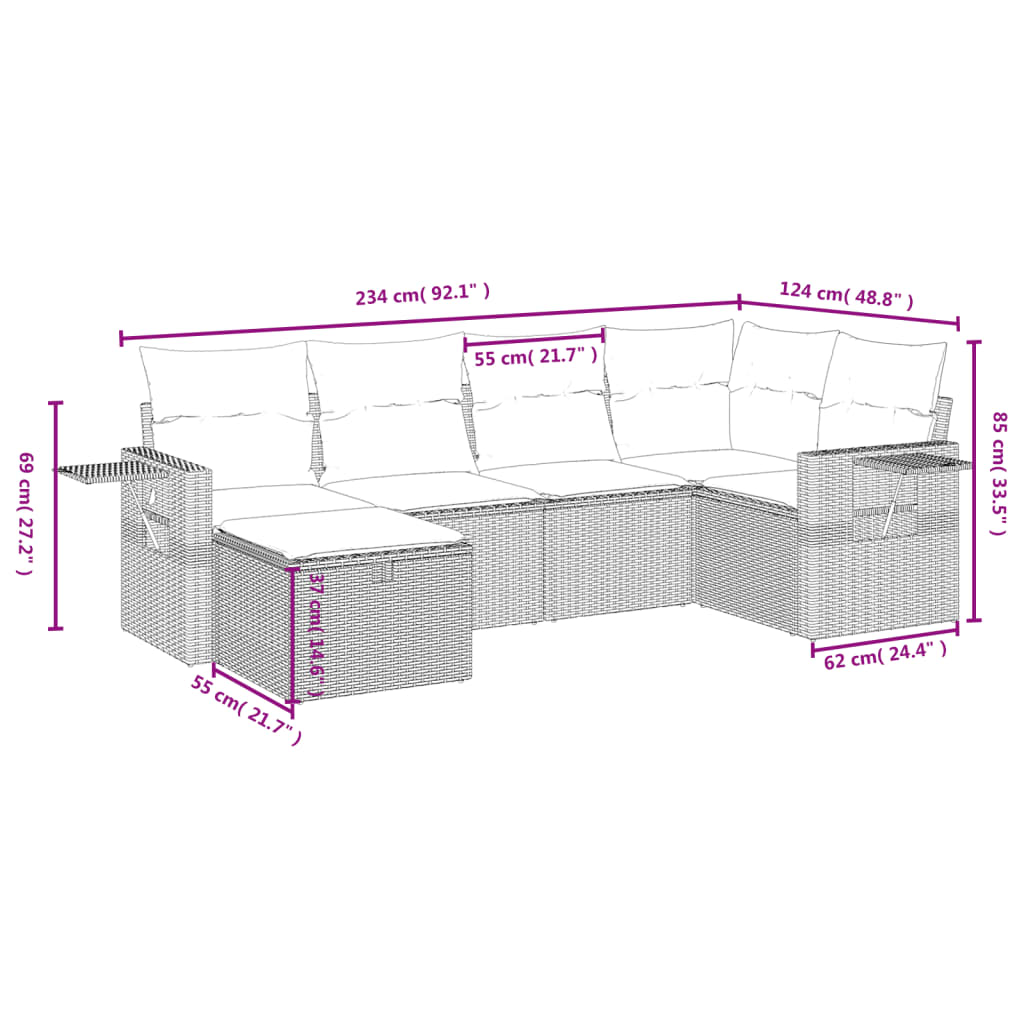 vidaXL 6-tlg. Garten-Sofagarnitur mit Kissen Beige Poly Rattan