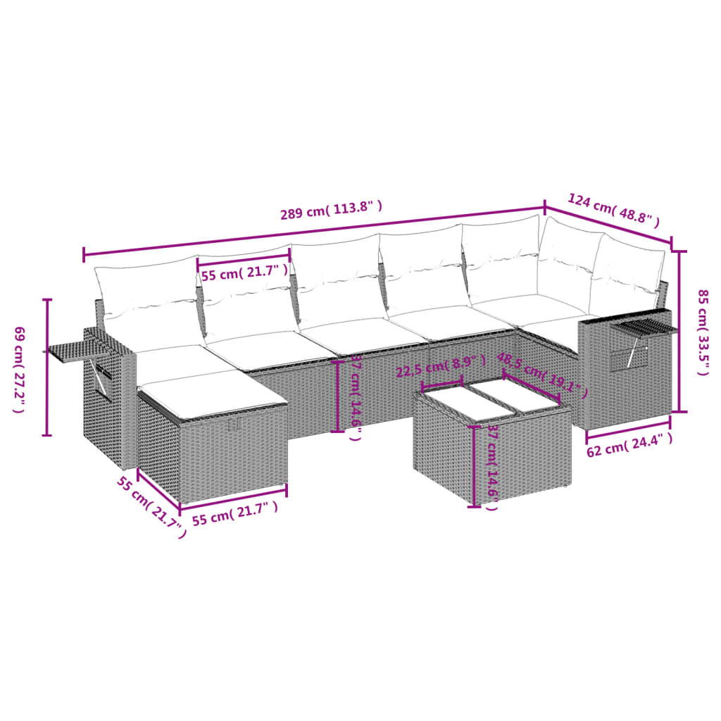 vidaXL 8-tlg. Garten-Sofagarnitur mit Kissen Grau Poly Rattan