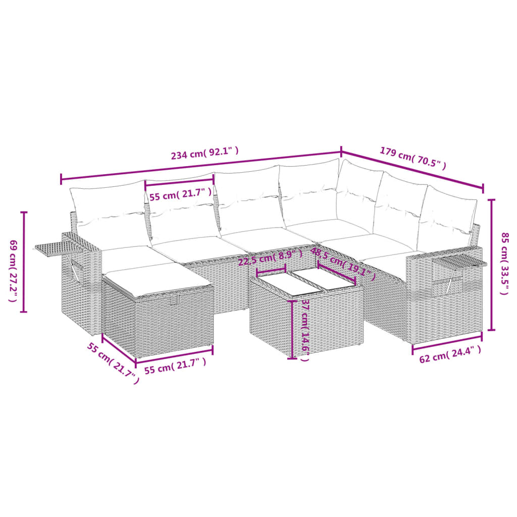 vidaXL 8-tlg. Garten-Sofagarnitur mit Kissen Beige Poly Rattan